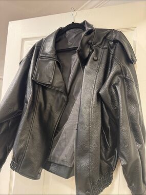 Men's Black Leather Bomber Jacket - Classic Varsity Style missing button